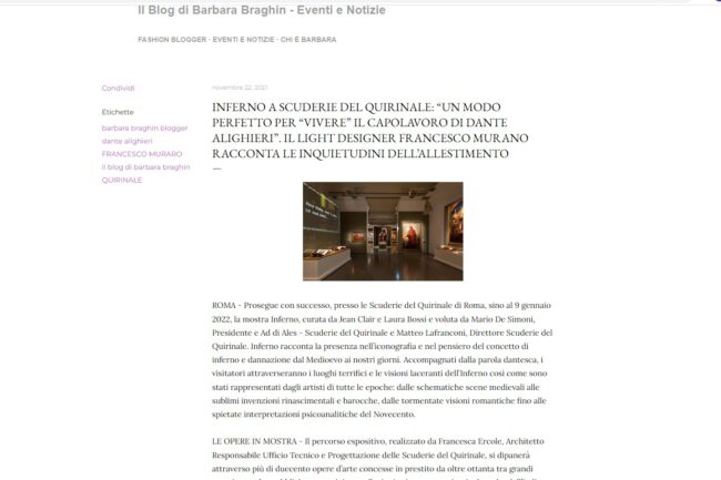 IL BLOG DI BARBARA BRAGHIN – Inferno a Scuderie  del Quirinale: “Un modo perfetto per “vivere” il capolavoro di  Dante Alighieri”. Il light designer Francesco Murano racconta le inquietudini dell’allestimento