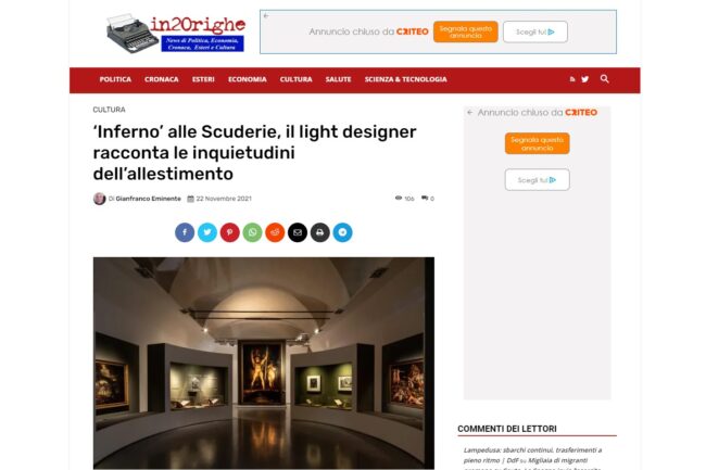 IN 20 RIGHE – ‘Inferno’ alle Scuderie, il light designer racconta le inquietudini dell’allestimento