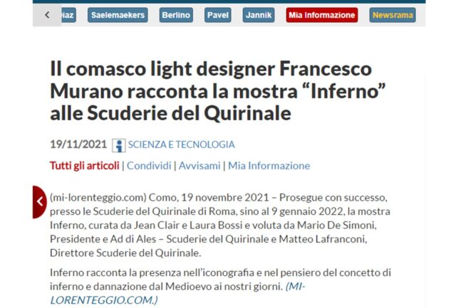 INFORMAZIONE.IT – Il comasco light designer Francesco Murano racconta la mostra “Inferno” alle Scuderie del Quirinale
