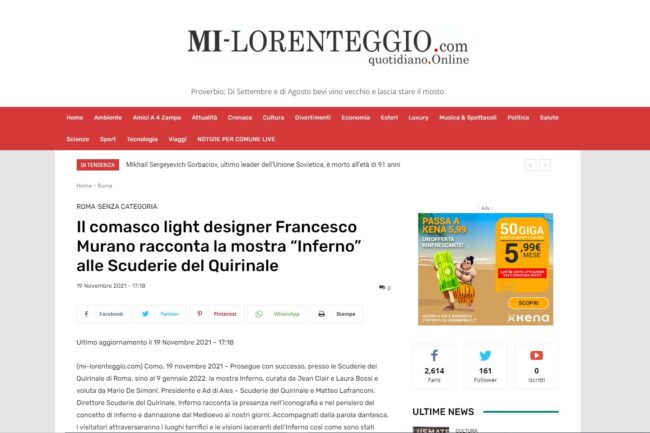 MI-LORENTEGGIO – Il comasco light designer Francesco Murano racconta la mostra “Inferno” alle Scuderie del Quirinale