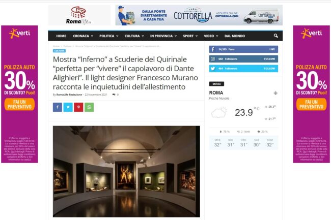 ROMA LIFE – Mostra “Inferno” a Scuderie del Quirinale “perfetta per “vivere” il capolavoro di Dante Alighieri”. Il light designer Francesco Murano racconta le inquietudini dell’allestimento