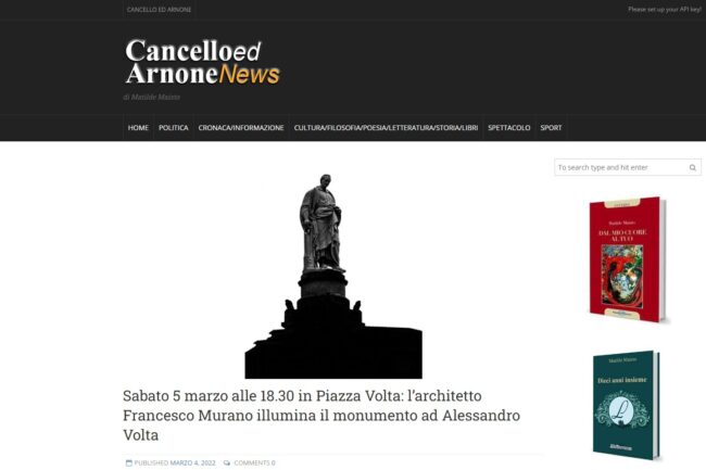 CANCELLO ED ARNONE – Sabato 5 marzo alle 18.30 in Piazza Volta: l’architetto Francesco Murano illumina il monumento ad Alessandro Volta