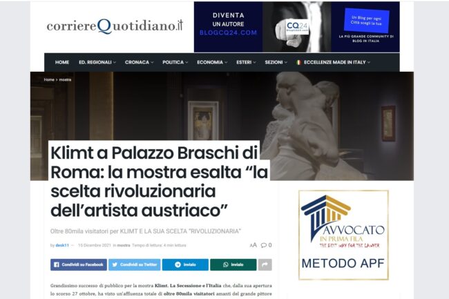CORRIERE QUOTIDIANO – Klimt a Palazzo Braschi di Roma: la mostra esalta “la scelta rivoluzionaria dell’artista austriaco”